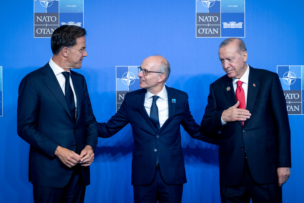NATO Secretary General Mark Rutte and the President of the Republic of Türkiye Recep Tayyip Erdoğan welcome Prime Minister of Luxembourg Luc Frieden