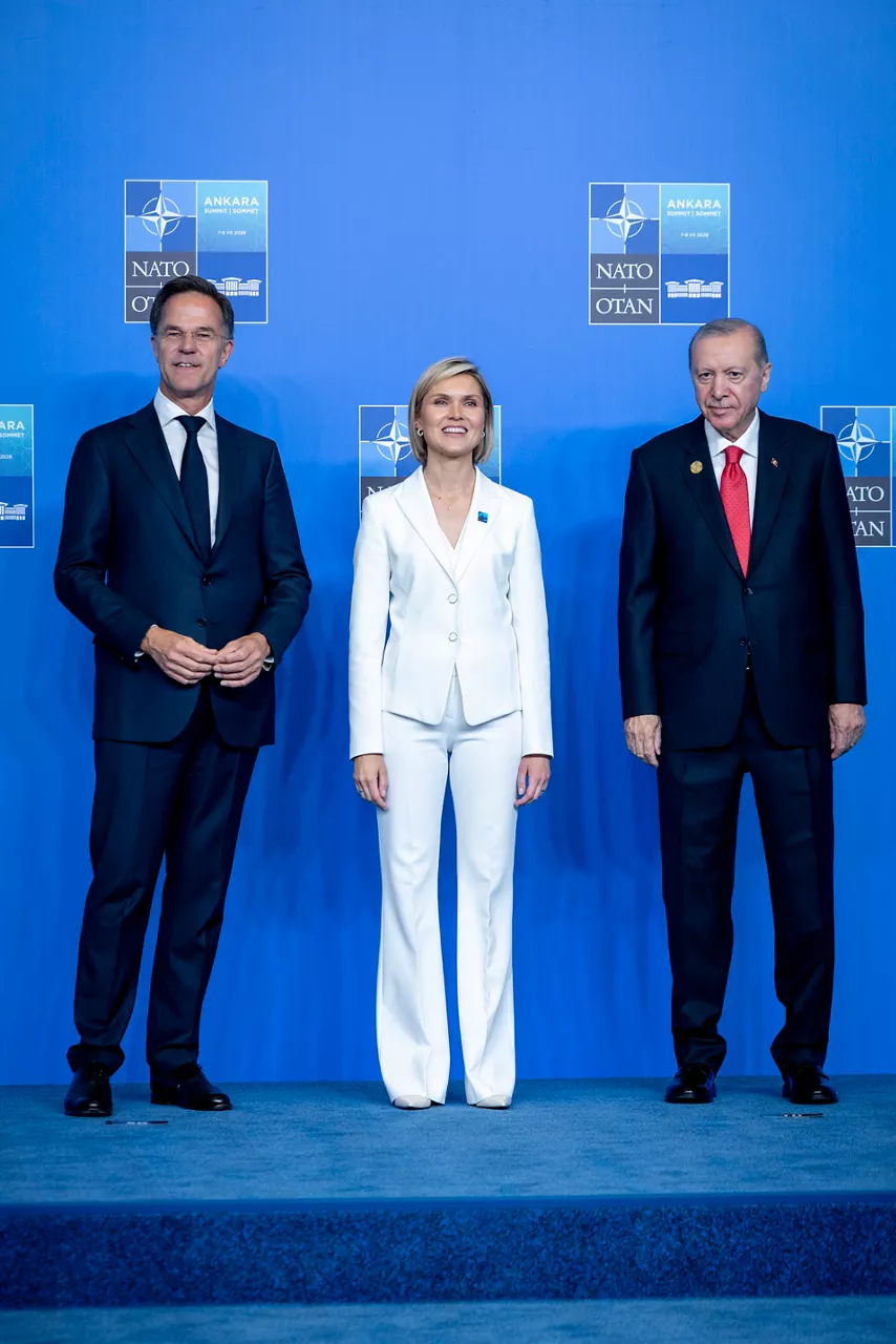 NATO Secretary General Mark Rutte and the President of the Republic of Türkiye Recep Tayyip Erdoğan welcome Prime Minister of Iceland Kristrún Frostadóttir