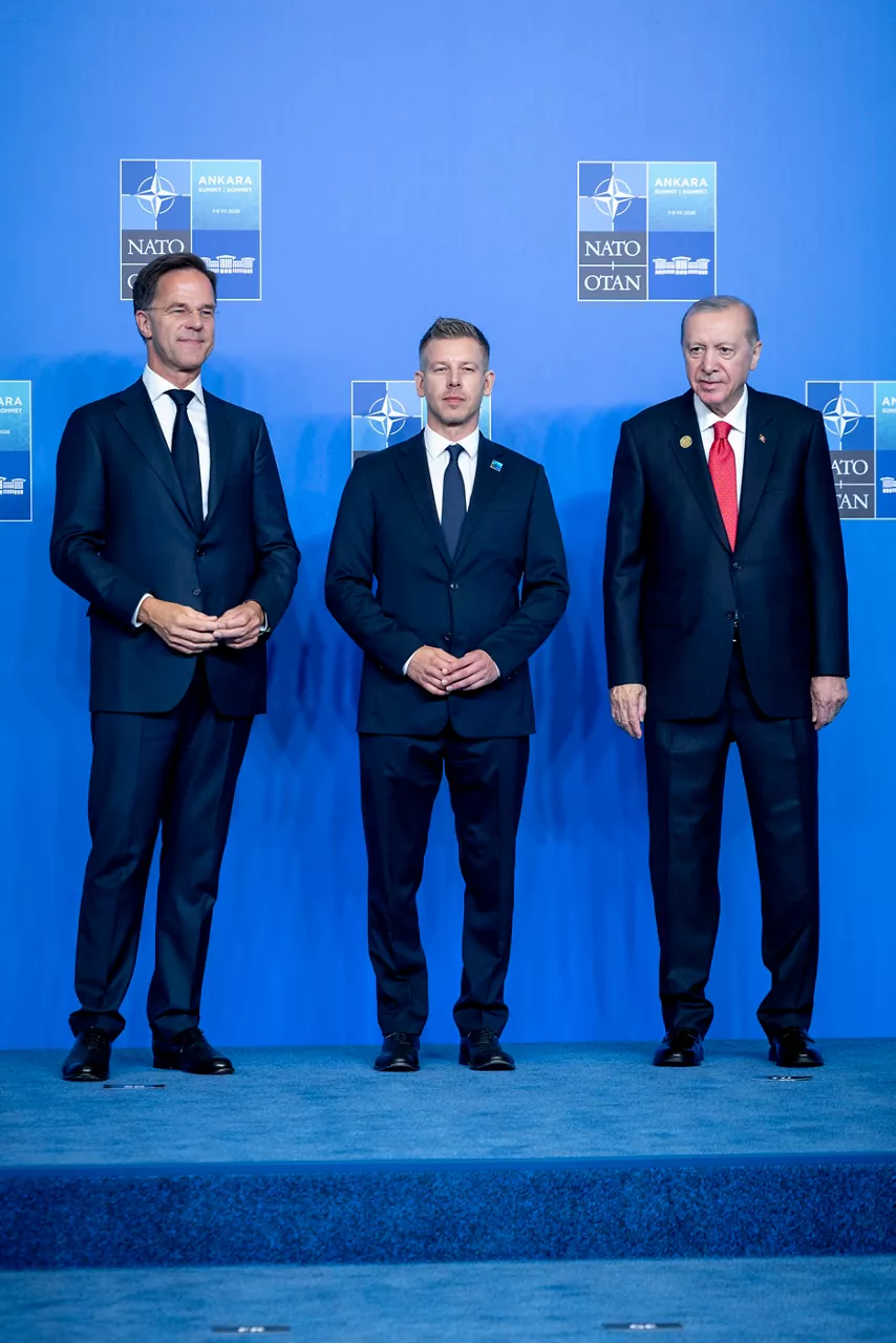 NATO Secretary General Mark Rutte and the President of the Republic of Türkiye Recep Tayyip Erdoğan welcome Prime Minister of Hungary Magyar Péter 