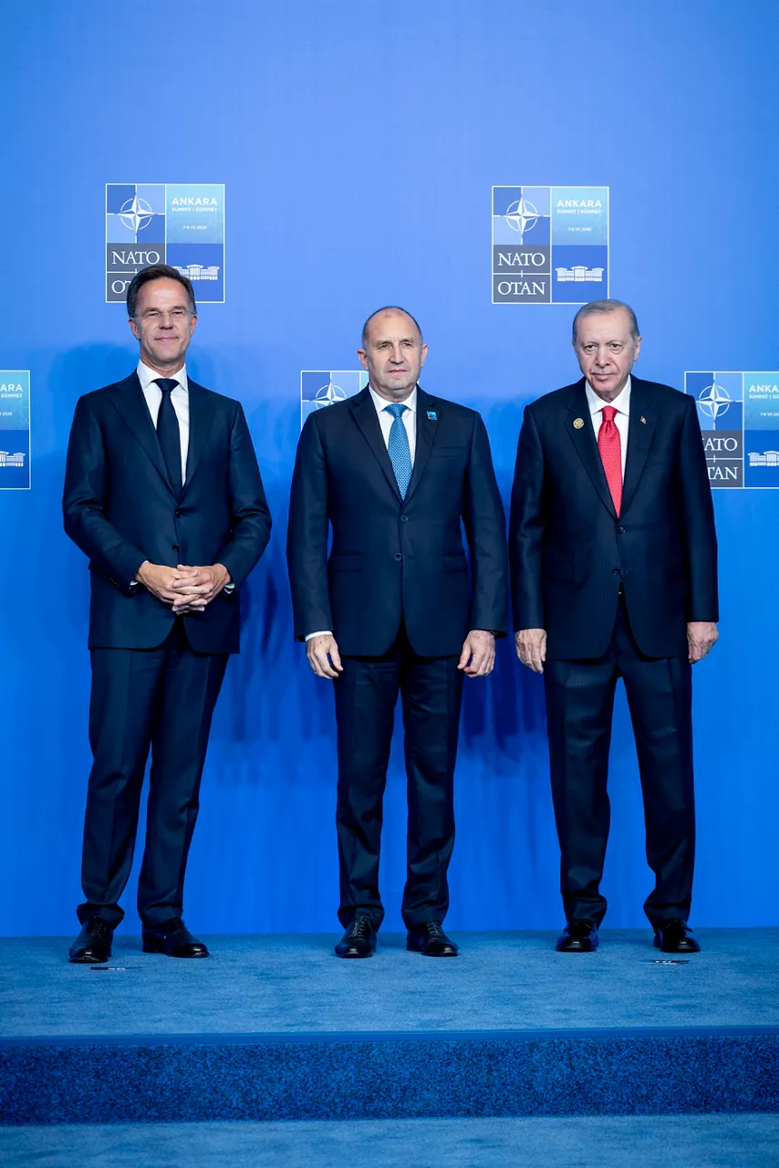 NATO Secretary General Mark Rutte and the President of the Republic of Türkiye Recep Tayyip Erdoğan welcome Prime Minister of Bulgaria Rumen Radev