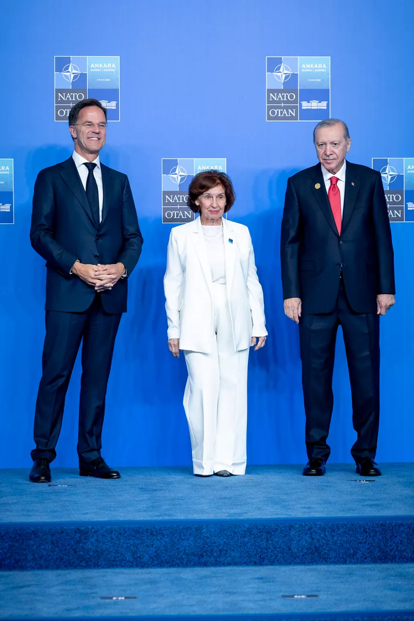 NATO Secretary General Mark Rutte and the President of the Republic of Türkiye Recep Tayyip Erdoğan welcome President of North Macedonia Gordana Siljanovska Davkova