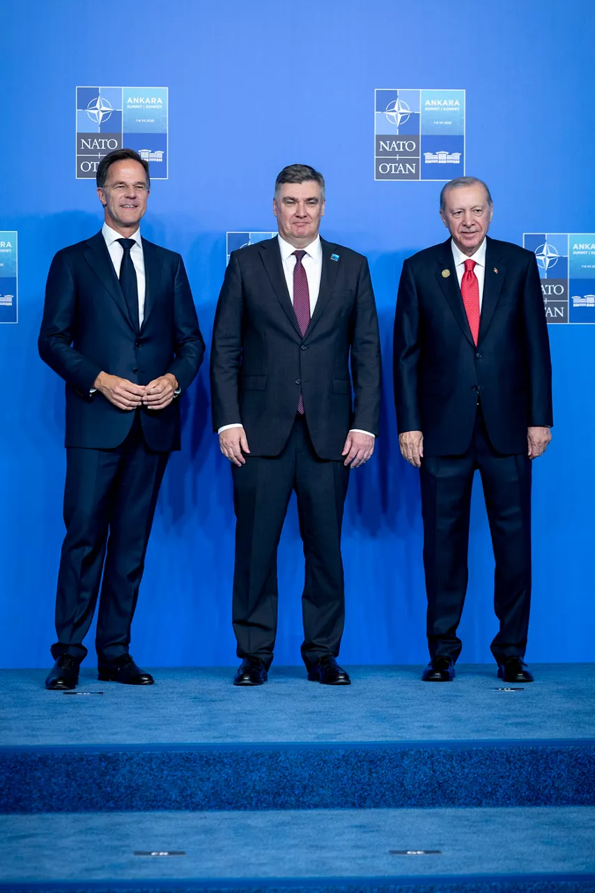 NATO Secretary General Mark Rutte and the President of the Republic of Türkiye Recep Tayyip Erdoğan welcome President of Croatia Zoran Milanović