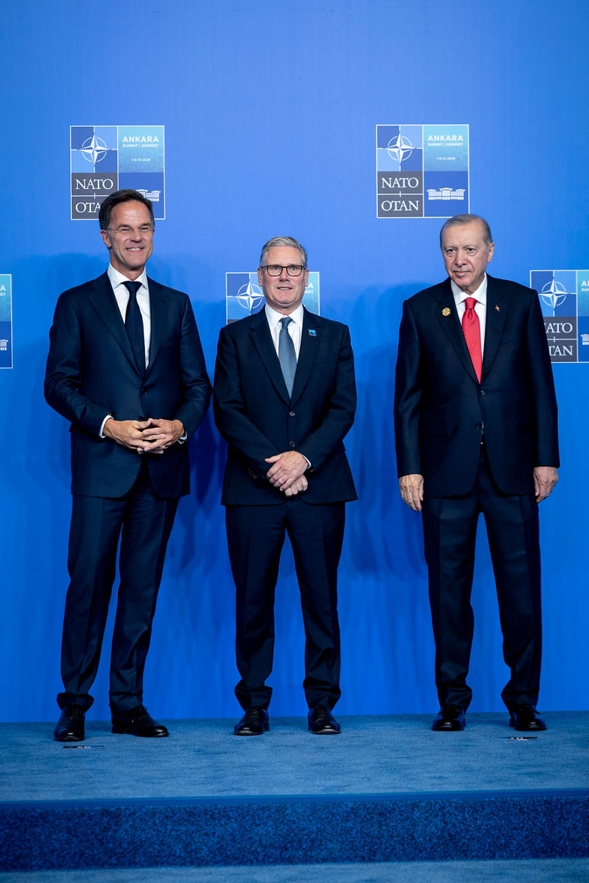 NATO Secretary General Mark Rutte and the President of the Republic of Türkiye Recep Tayyip Erdoğan welcome Prime Minister of the United Kingdom Keir Starmer
