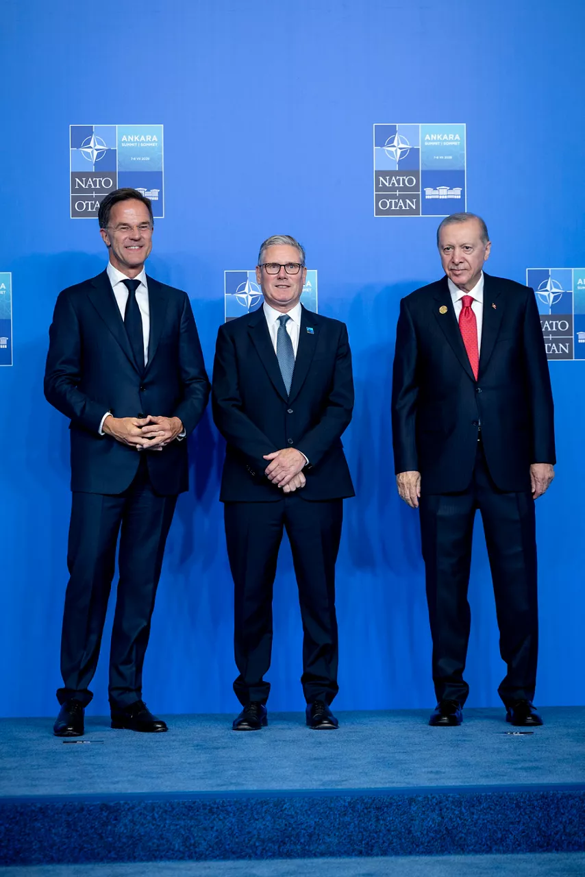 NATO Secretary General Mark Rutte and the President of the Republic of Türkiye Recep Tayyip Erdoğan welcome Prime Minister of the United Kingdom Keir Starmer