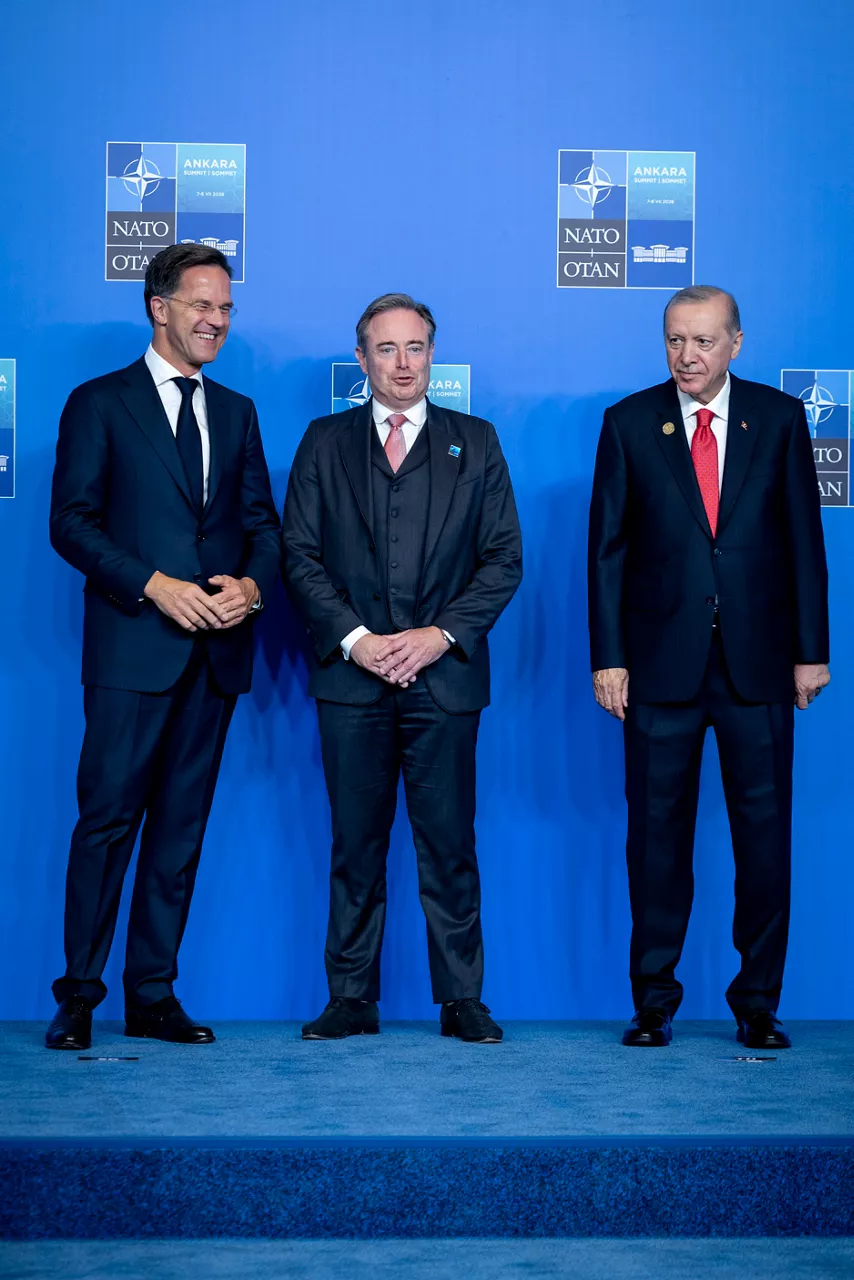 NATO Secretary General Mark Rutte and the President of the Republic of Türkiye Recep Tayyip Erdoğan welcome Prime Minister of Belgium Bart De Wever