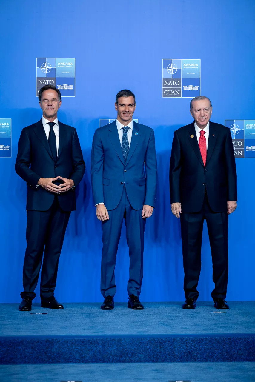 NATO Secretary General Mark Rutte and the President of the Republic of Türkiye Recep Tayyip Erdoğan welcome Prime Minister of Spain Pedro Sánchez