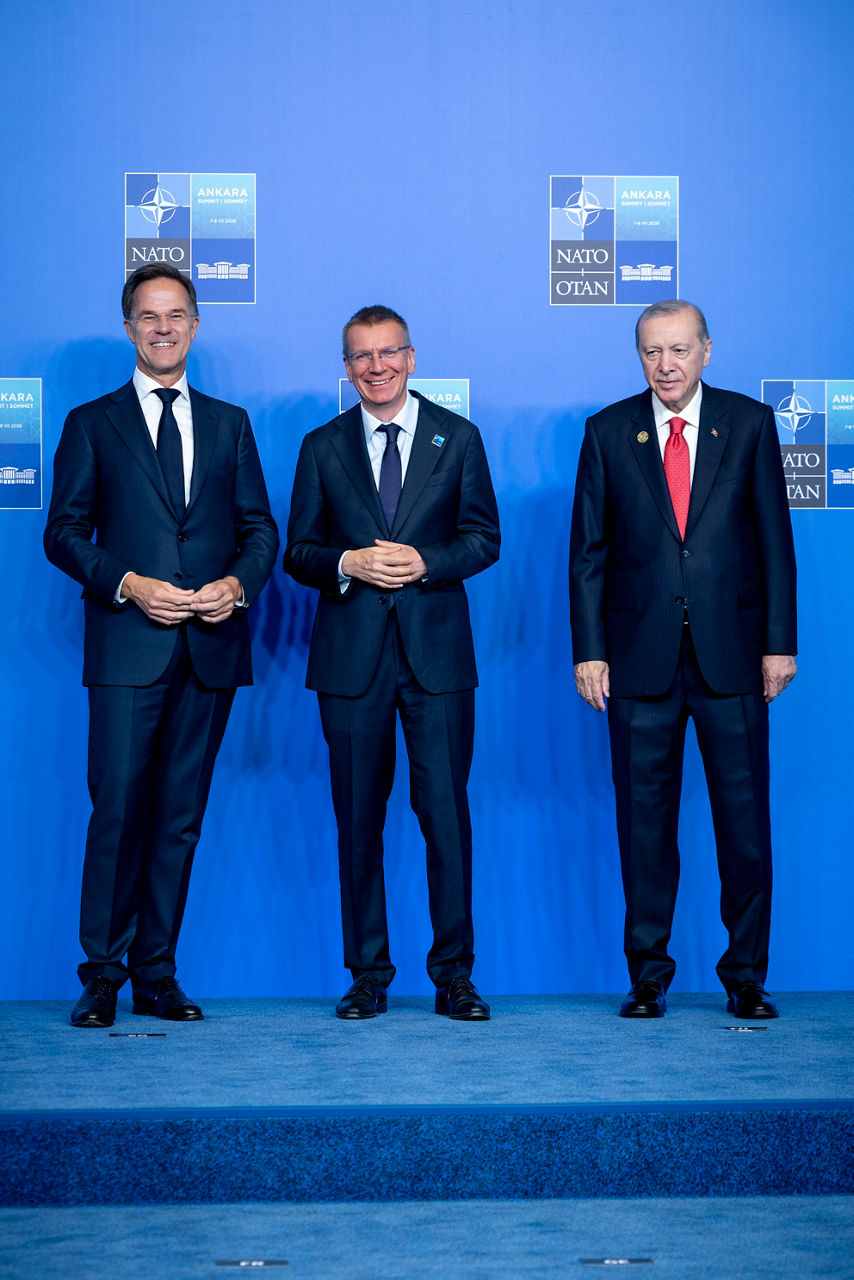 NATO Secretary General Mark Rutte and the President of the Republic of Türkiye Recep Tayyip Erdoğan welcome President of Latvia Edgars Rinkēvičs