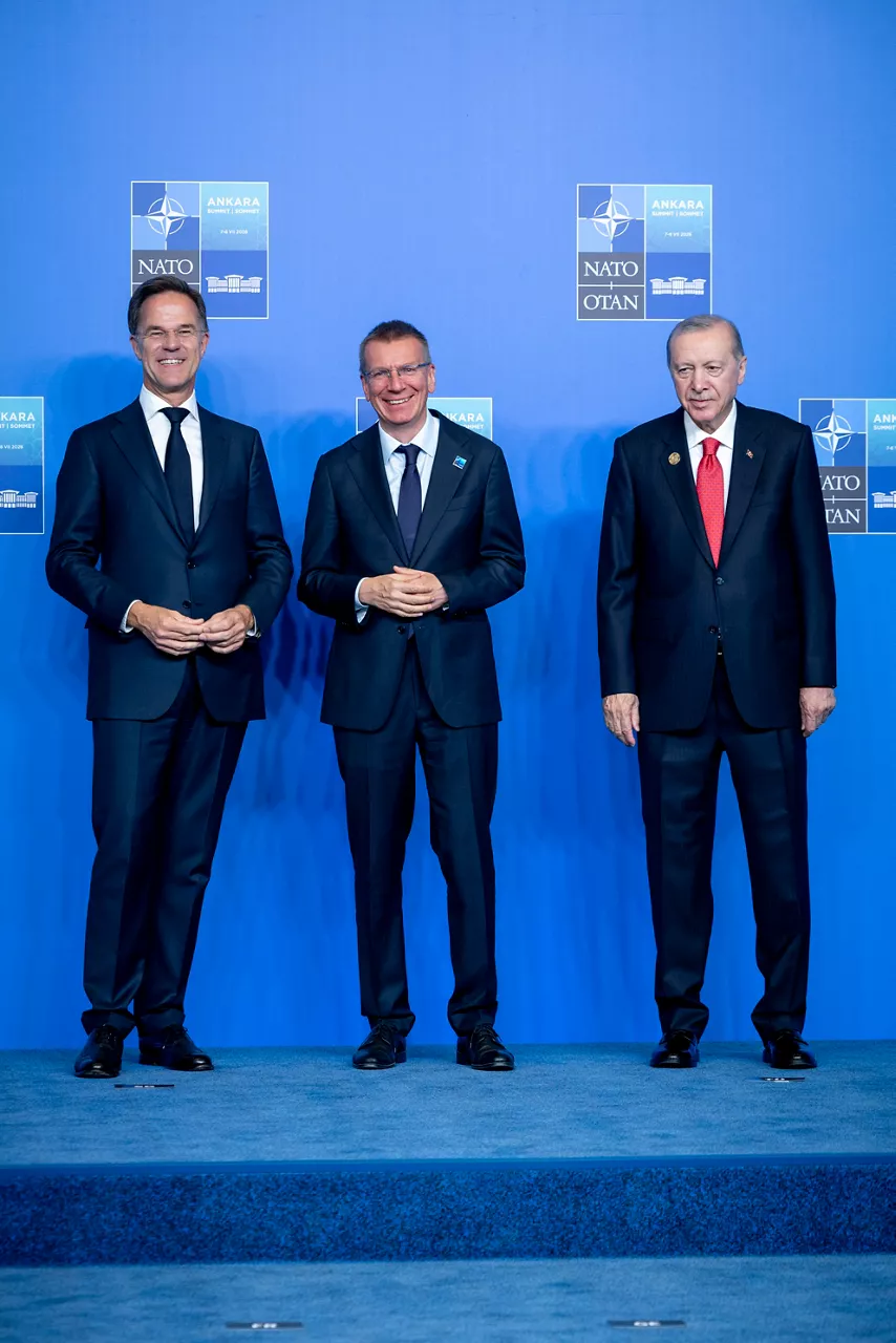 NATO Secretary General Mark Rutte and the President of the Republic of Türkiye Recep Tayyip Erdoğan welcome President of Latvia Edgars Rinkēvičs