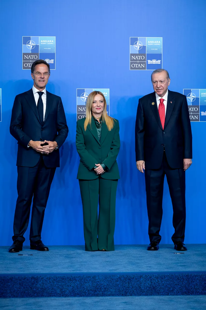 NATO Secretary General Mark Rutte and the President of the Republic of Türkiye Recep Tayyip Erdoğan welcome Prime Minister of Italy Giorgia Meloni