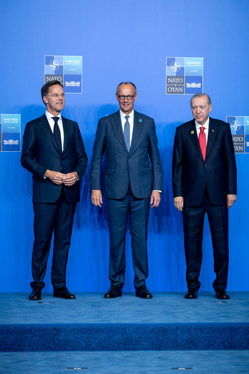 NATO Secretary General Mark Rutte and the President of the Republic of Türkiye Recep Tayyip Erdoğan welcome Chancellor of Germany Friedrich Merz