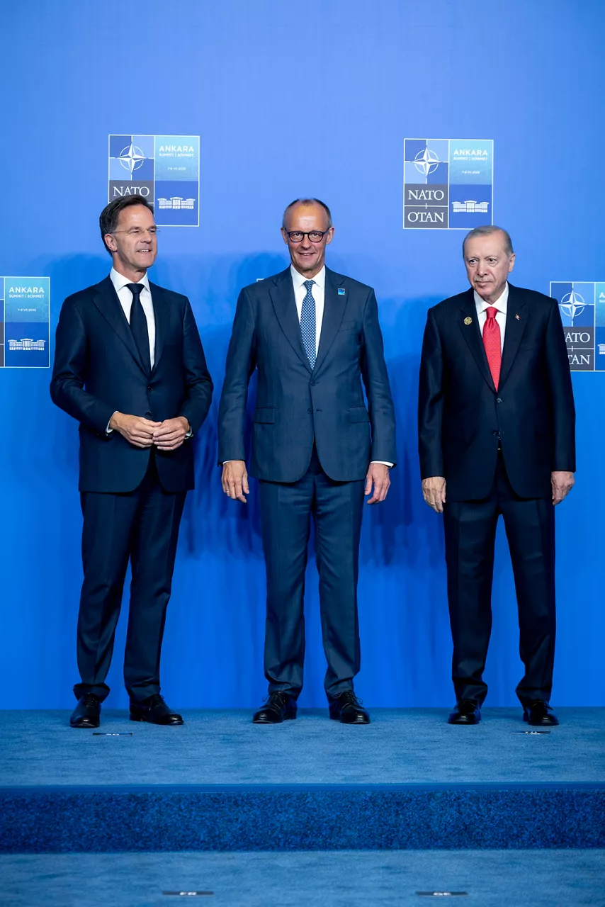 NATO Secretary General Mark Rutte and the President of the Republic of Türkiye Recep Tayyip Erdoğan welcome Chancellor of Germany Friedrich Merz