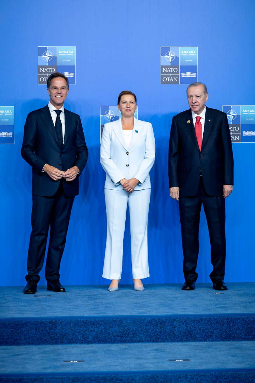 NATO Secretary General Mark Rutte and the President of the Republic of Türkiye Recep Tayyip Erdoğan welcome Prime Minister of Denmark Mette Frederiksen