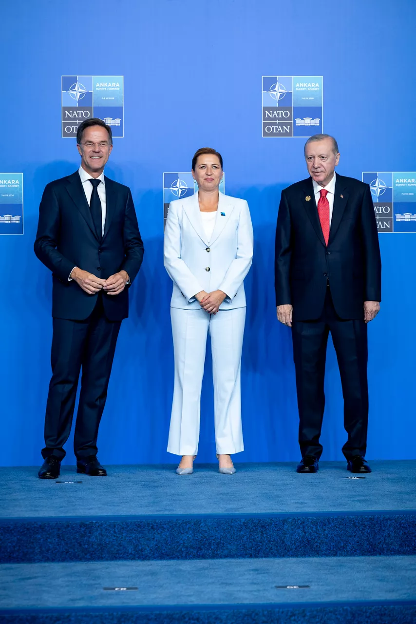 NATO Secretary General Mark Rutte and the President of the Republic of Türkiye Recep Tayyip Erdoğan welcome Prime Minister of Denmark Mette Frederiksen