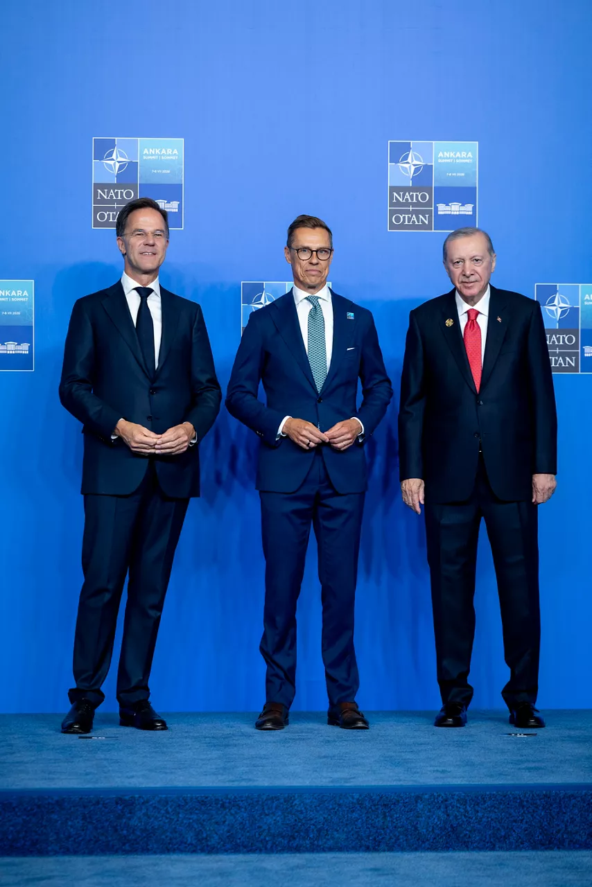 NATO Secretary General Mark Rutte and the President of the Republic of Türkiye Recep Tayyip Erdoğan welcome President of Finland Alexander Stubb 