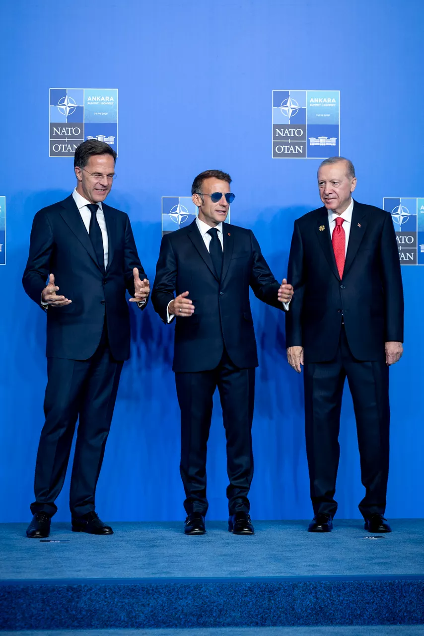 NATO Secretary General Mark Rutte and the President of the Republic of Türkiye Recep Tayyip Erdoğan welcome President of France Emmanuel Macron