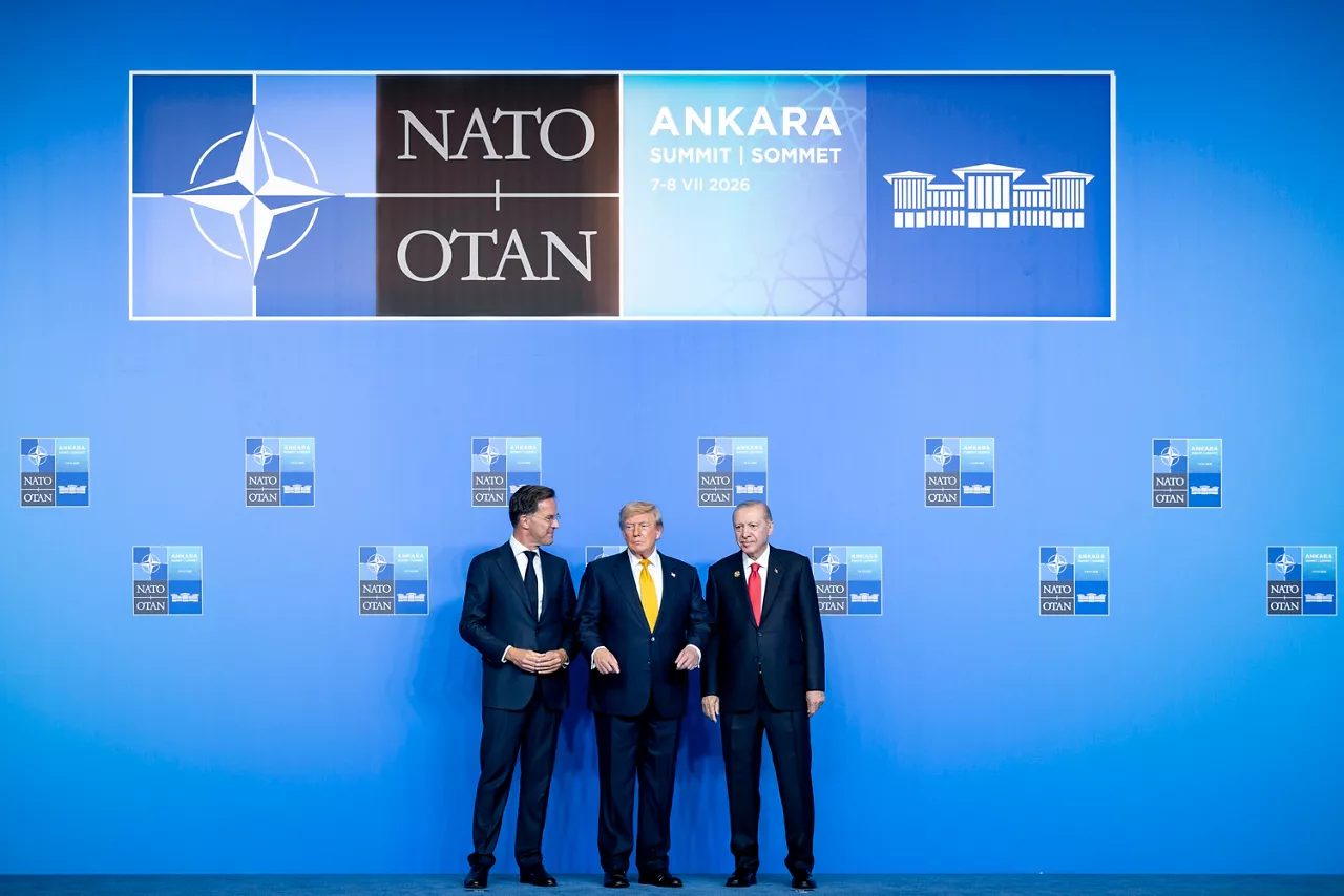 NATO Secretary General Mark Rutte and the President of the Republic of Türkiye Recep Tayyip Erdoğan welcome President of the United States Donald Trump
