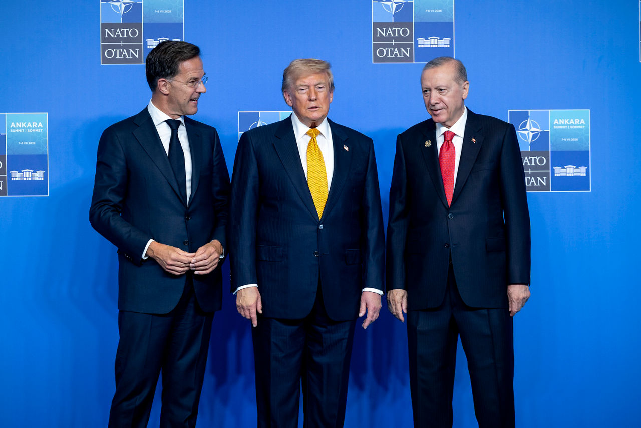 NATO Secretary General Mark Rutte and the President of the Republic of Türkiye Recep Tayyip Erdoğan welcome President of the United States Donald Trump