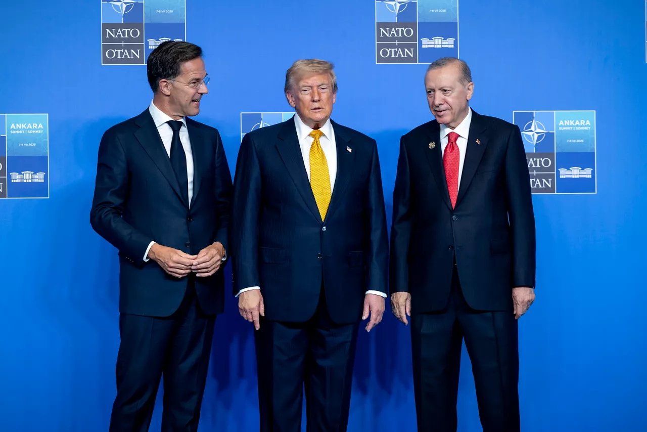 NATO Secretary General Mark Rutte and the President of the Republic of Türkiye Recep Tayyip Erdoğan welcome President of the United States Donald Trump