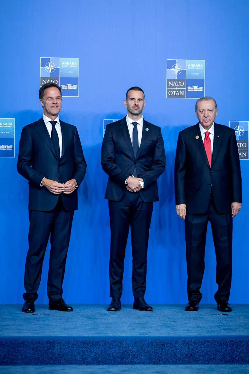 NATO Secretary General Mark Rutte and the President of the Republic of Türkiye Recep Tayyip Erdoğan welcome Prime Minister of Montenegro Milojko Spajić