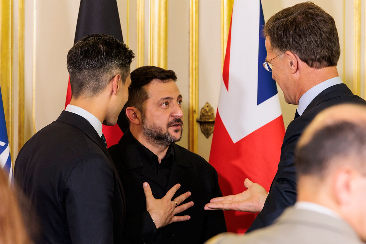 [from left to right] President of The Netherlands Rob Jetten, President of Ukraine Volodymyr Zelenskyy and NATO Secretary General Mark Rutte 