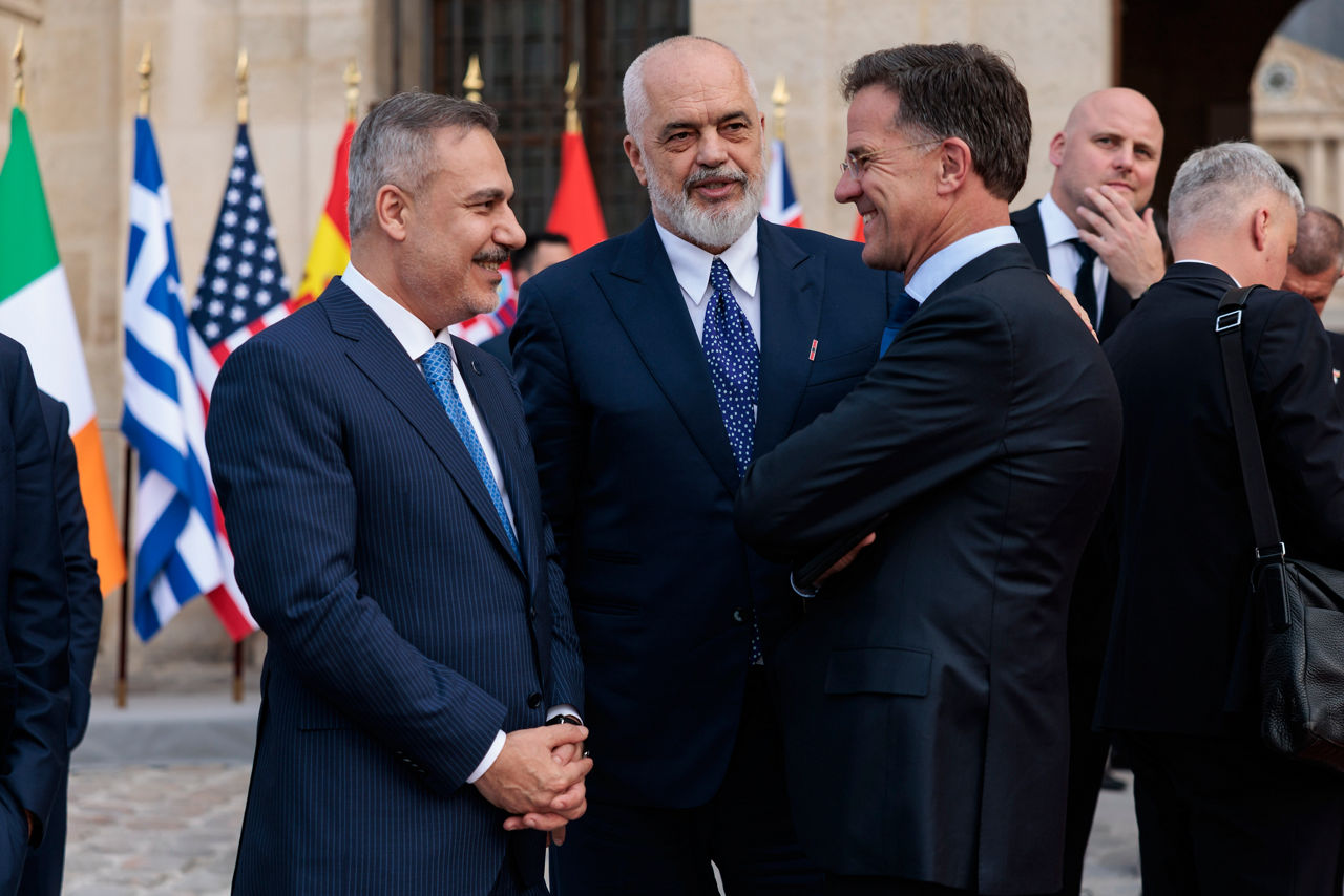 NATO Secretary General Mark Rutte with the Prime Minister of Albania Edi Rama and the Minister of Foreign Affairs of Türkiye Hakan Fidan