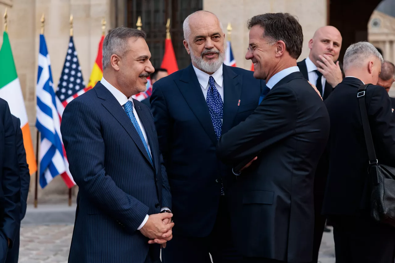 NATO Secretary General Mark Rutte with the Prime Minister of Albania Edi Rama and the Minister of Foreign Affairs of Türkiye Hakan Fidan