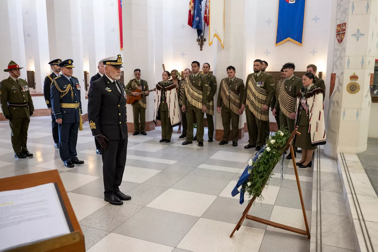The Chair of the NATO Military Committee, Admiral Giuseppe Cavo Dragone, during a wreath-laying ceremony at the Hall of Memories in Pukeahu National War Memorial Park.