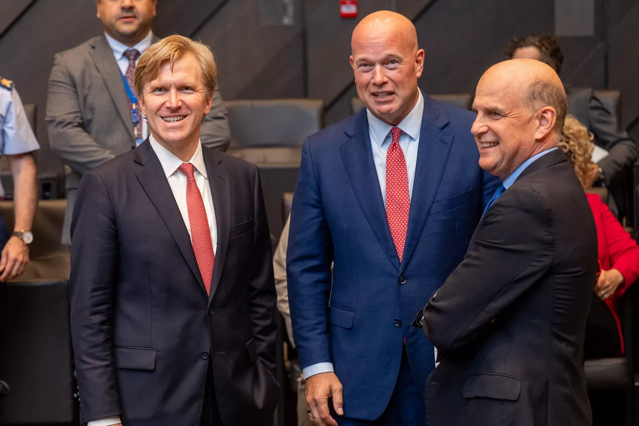 Left to right: US Undersecretary of War for Policy Elbridge A. Colby, United States Permanent Representative to NATO Matthew Whitaker  and Permanent Representative of the United Kingdom to NATO Angus Lapsley