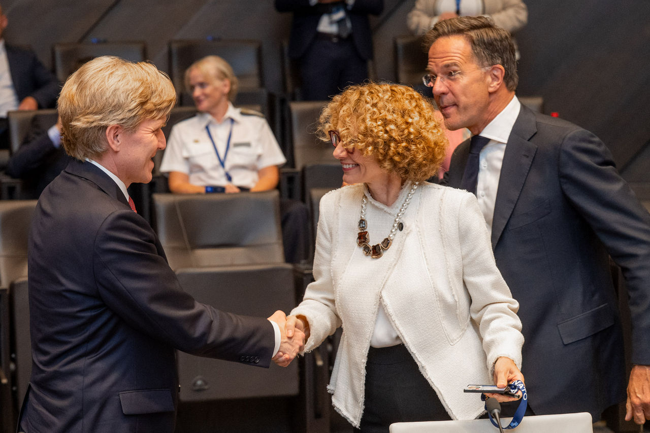 US Under Secretary of War for Policy Elbridge A. Colby greets NATO Deputy Secretary General Radmila Shekerinska