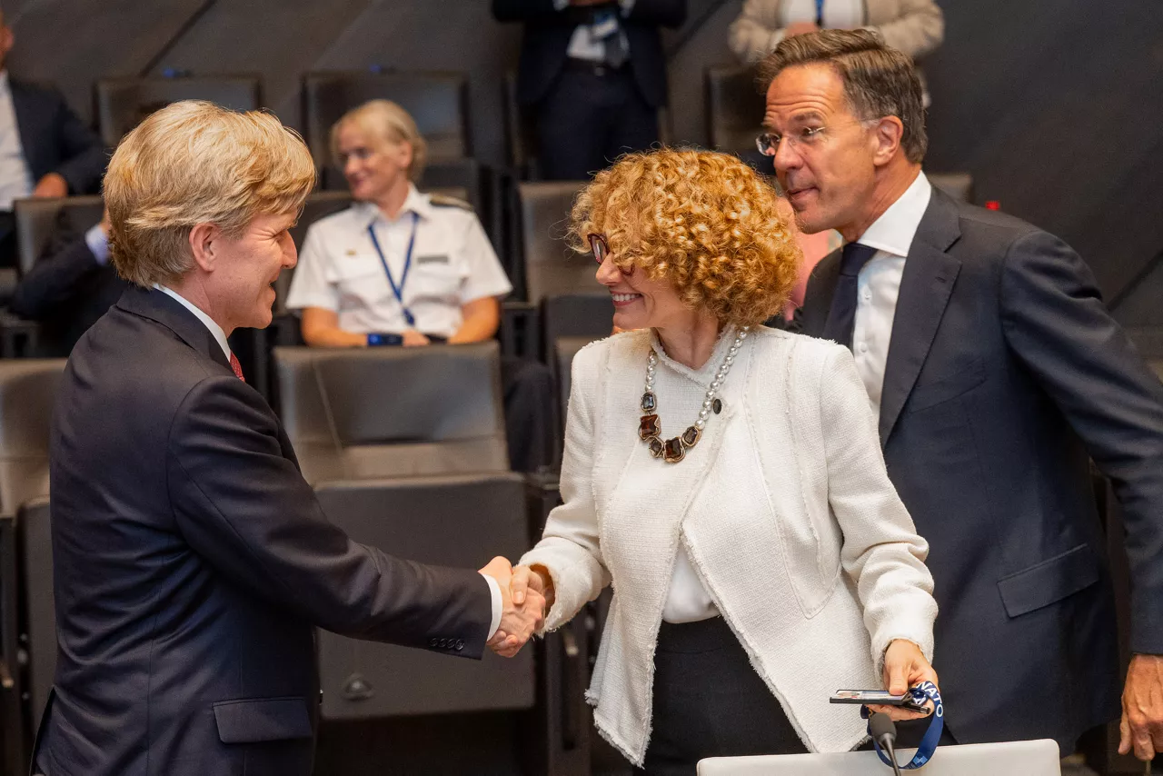 US Undersecretary of War for Policy Elbridge A. Colby greets NATO Deputy Secretary General Radmila Shekerinska