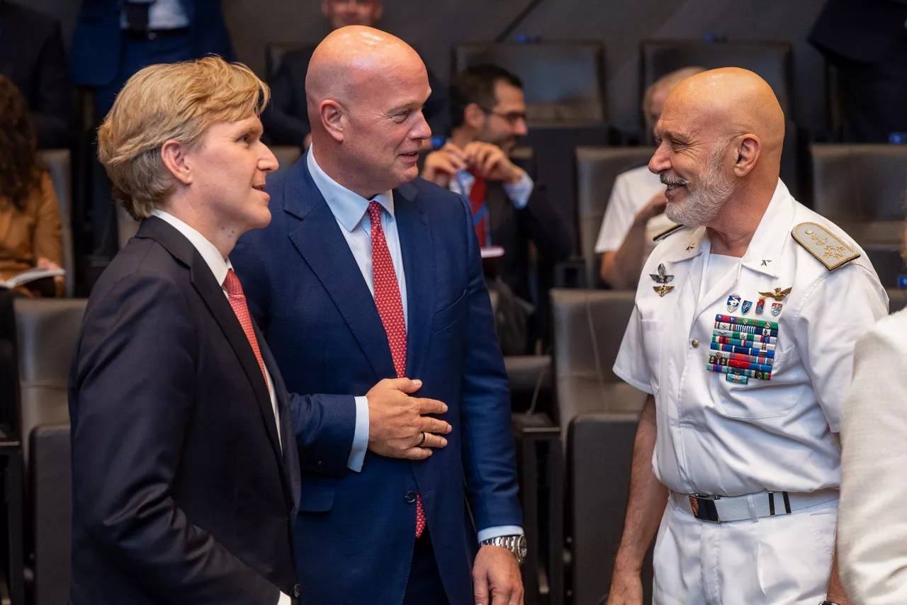 Left to right: US Undersecretary of War for Policy Elbridge A. Colby, United States Permanent Representative to NATO Matthew Whitaker  and Chair of the Military Committee Admiral Giuseppe Cavo Dragone