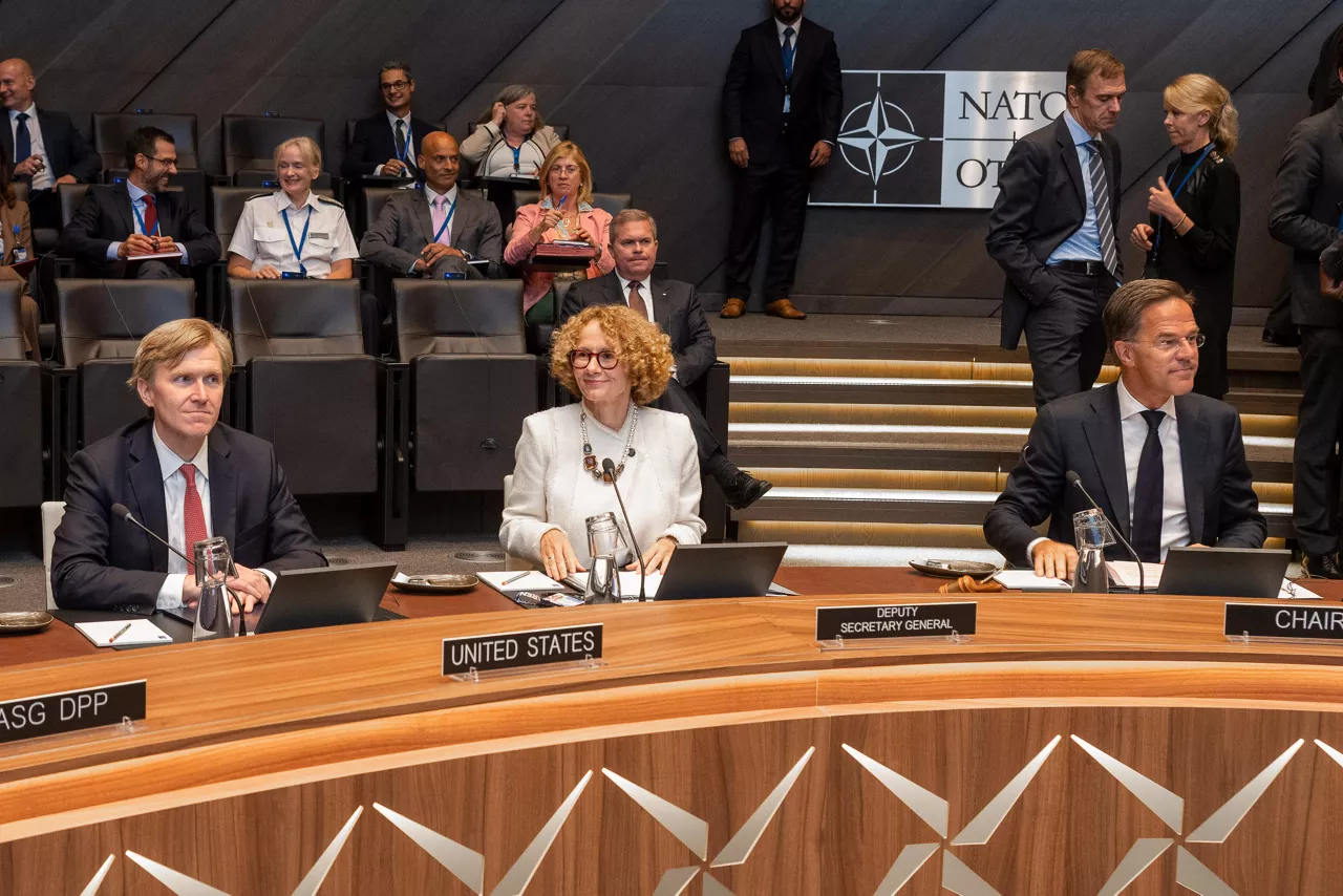 US Undersecretary of War for Policy Elbridge A. Colby, NATO Deputy Secretary General Radmila Shekerinska and NATO Secretary General Mark Rutte at the North Atlantic Council