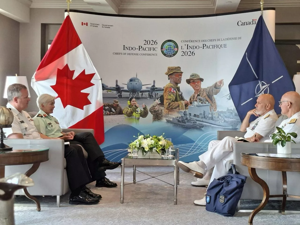 Chair of the NATO Military Committee, Admiral Giuseppe Cavo Dragone with General Jennie Carignan, Canada’s Chief of the Defence Staff.