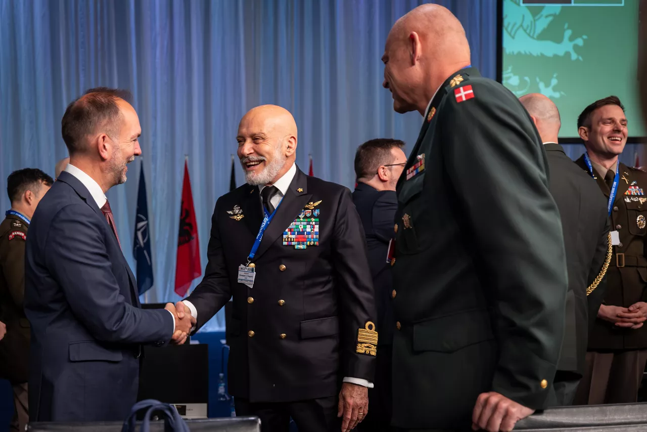 Left to Right - The Minister of Defence of Denmark, Jeppe Bruus, the Chair of the NATO Military Committee (CMC), Admiral Giuseppe Cavo Dragone,
and the Chief of Defence of Denmark, General Michael Wiggers Hyldgaard
