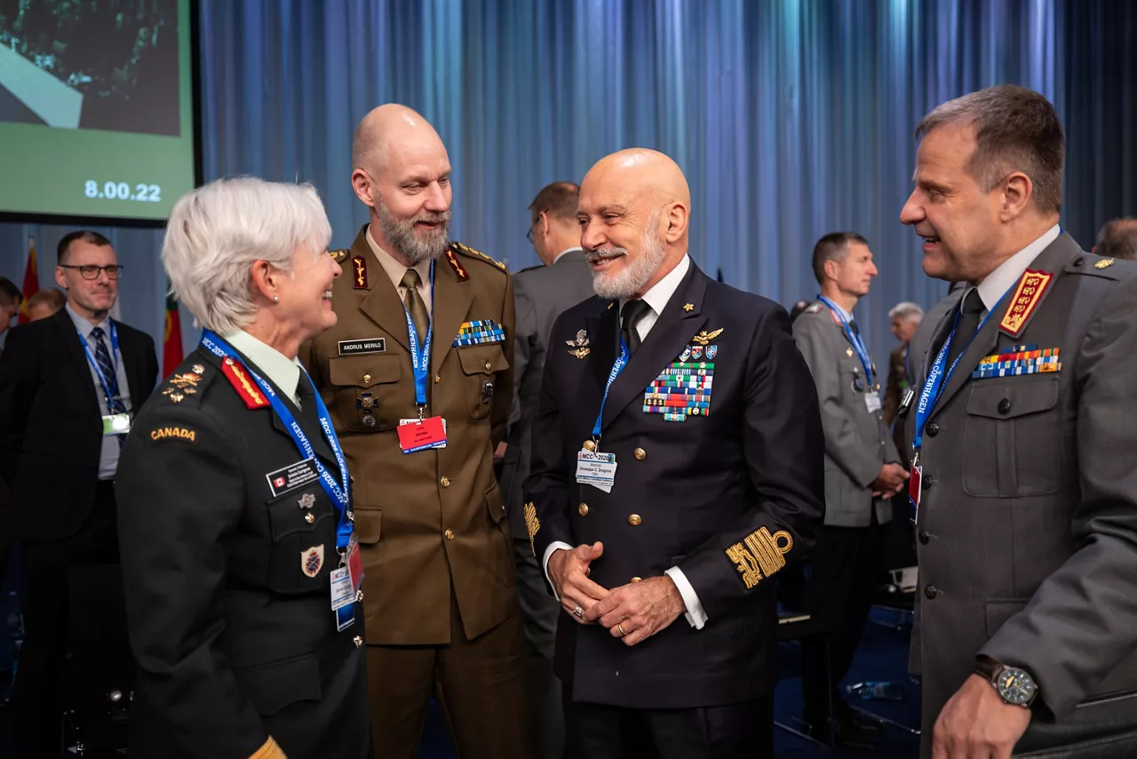 Left to Right - The Chief of Defence of Canada, General Jennie Carignan, The Chief of Defence of Estonia, Lieutenant General Andrus Merilo; the Chair of the NATO Military Committee (CMC), Admiral Giuseppe Cavo Dragone;  The Chief of Defence of Finland, General Janne Jaakkola.

