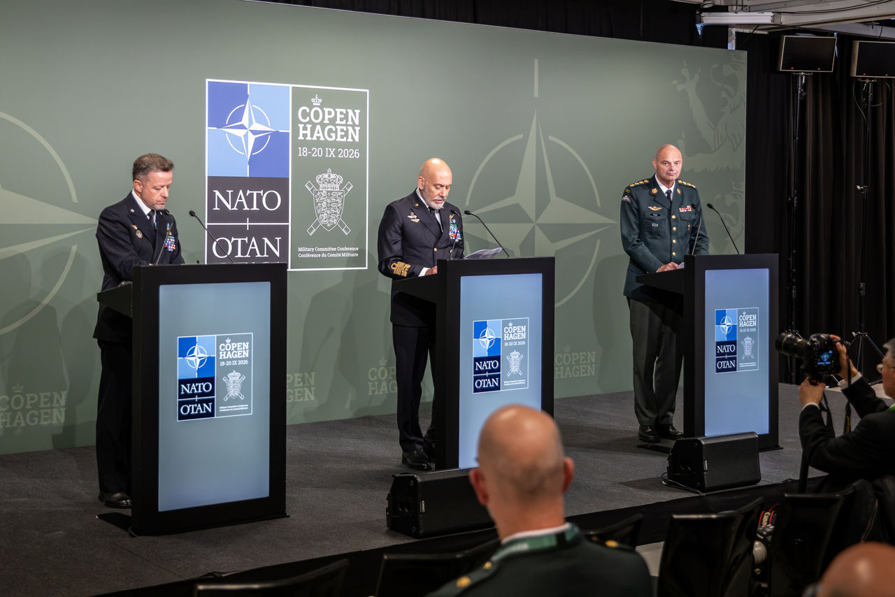 Left to Right - The Public Affairs and StratCom Advisor (PASCAD), Captain Navy Giovanni Galoforo, the Chair of the NATO Military Committee, Admiral Giuseppe Cavo Dragone, and the Chief of Defence of Denmark, General Michael Wiggers Hyldgaard.