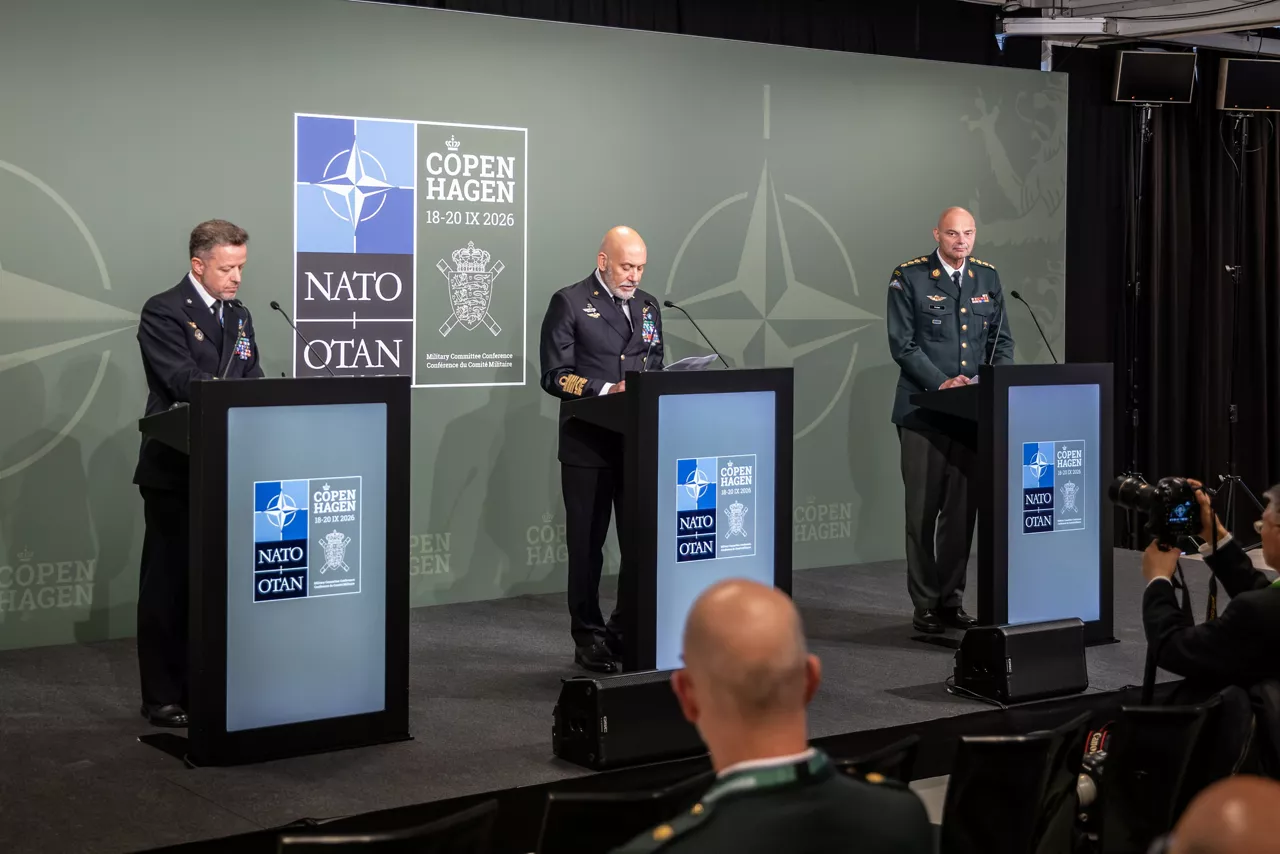 Left to Right - The Public Affairs and StratCom Advisor (PASCAD), Captain Navy Giovanni Galoforo, the Chair of the NATO Military Committee, Admiral Giuseppe Cavo Dragone, and the Chief of Defence of Denmark, General Michael Wiggers Hyldgaard.