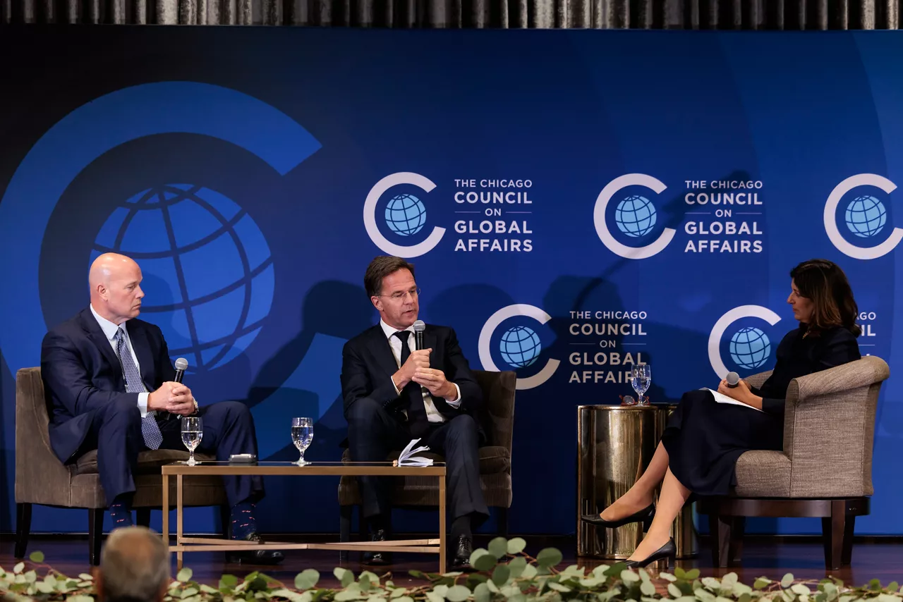 NATO Secretary General Mark Rutte and the Permanent Representative of the United States to NATO, Matthew G. Whitaker, participate in an event hosted by the Chicago Council on Global Affairs 