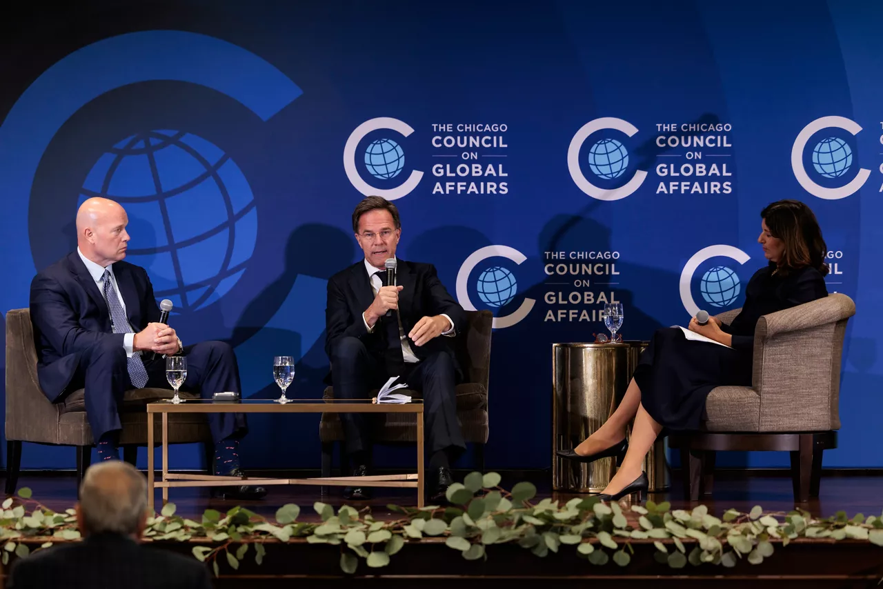 NATO Secretary General Mark Rutte and the Permanent Representative of the United States to NATO, Matthew G. Whitaker, participate in an event hosted by the Chicago Council on Global Affairs 