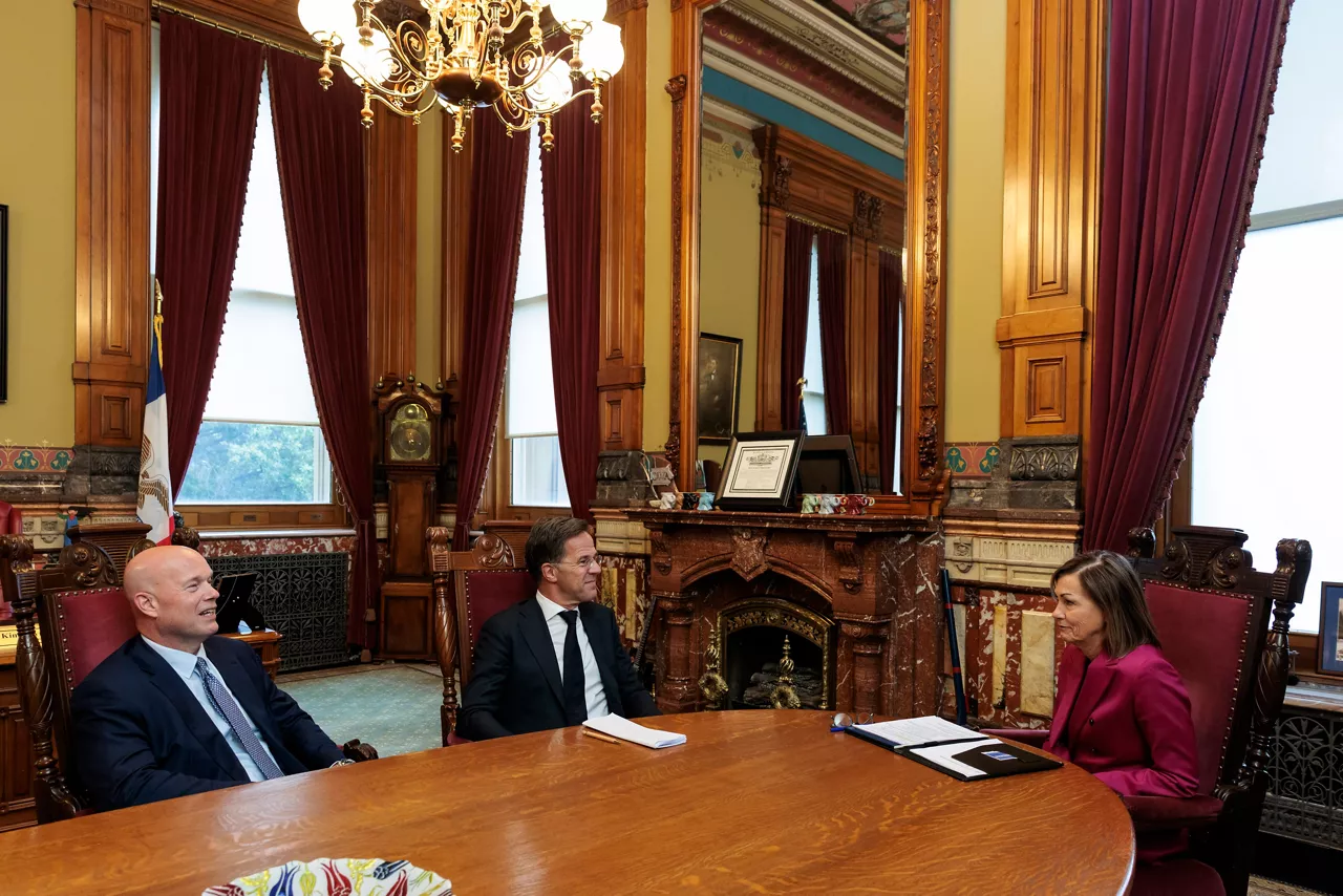 NATO Secretary General Mark Rutte with Iowa Governor Kim Reynolds and the Permanent Representative of the United States to NATO, Matthew G. Whitaker