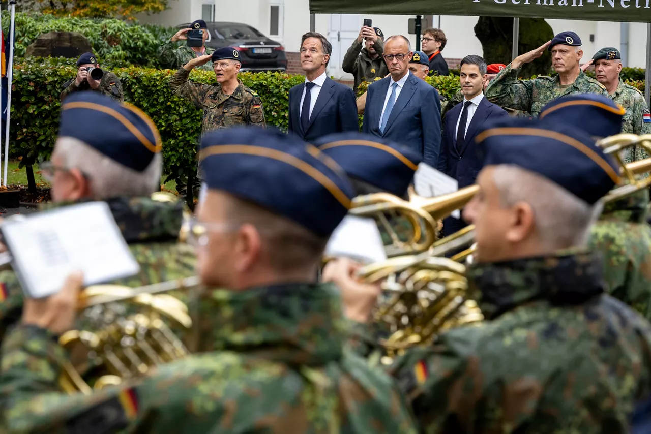 NATO Secretary General Mark Rutte with the Federal Chancellor of Germany, Friedrich Merz, and the Prime Minister of the Netherlands, Rob Jetten