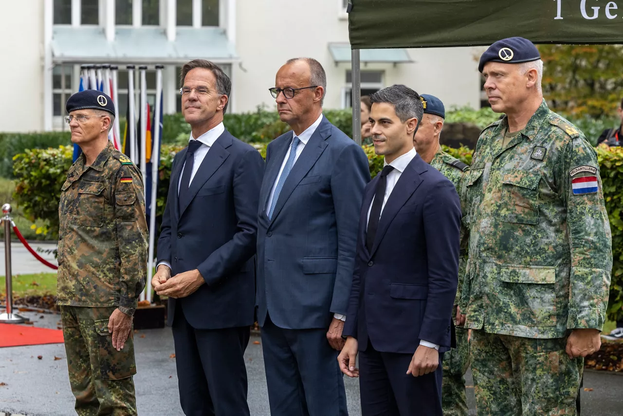NATO Secretary General Mark Rutte with the Federal Chancellor of Germany, Friedrich Merz, and the Prime Minister of the Netherlands, Rob Jetten