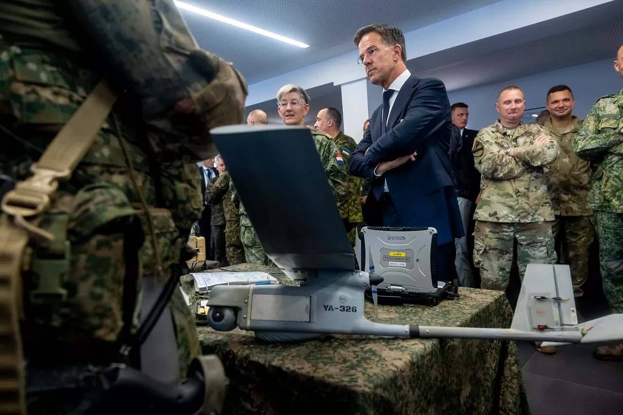 NATO Secretary General Mark Rutte interacts with soldiers at the 1st German-Netherlands Corps Headquarters 