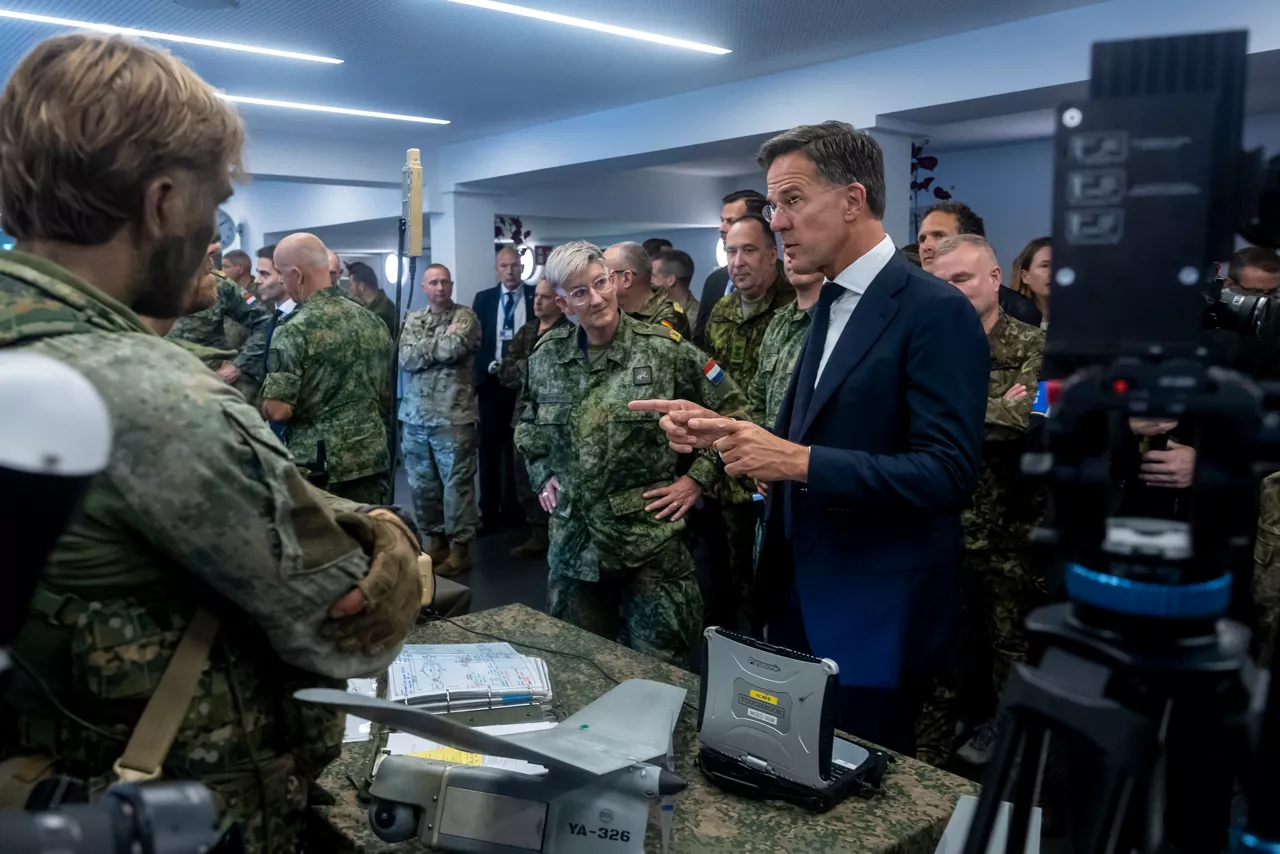 NATO Secretary General Mark Rutte interacts with soldiers at the 1st German-Netherlands Corps Headquarters 