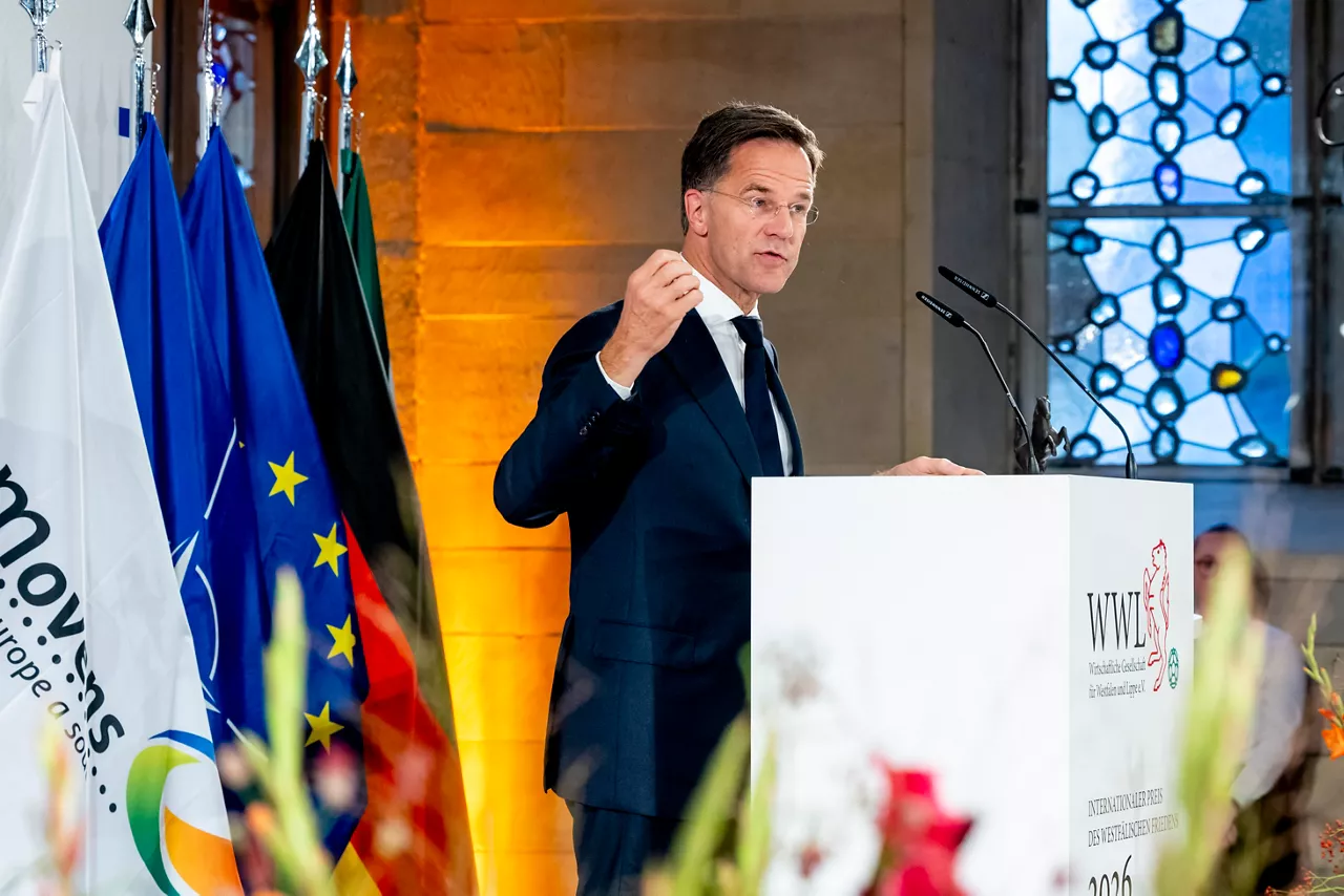 NATO Secretary General Mark Rutte gives a speech at the 2026 International Westphalian Peace Prize Award Ceremony