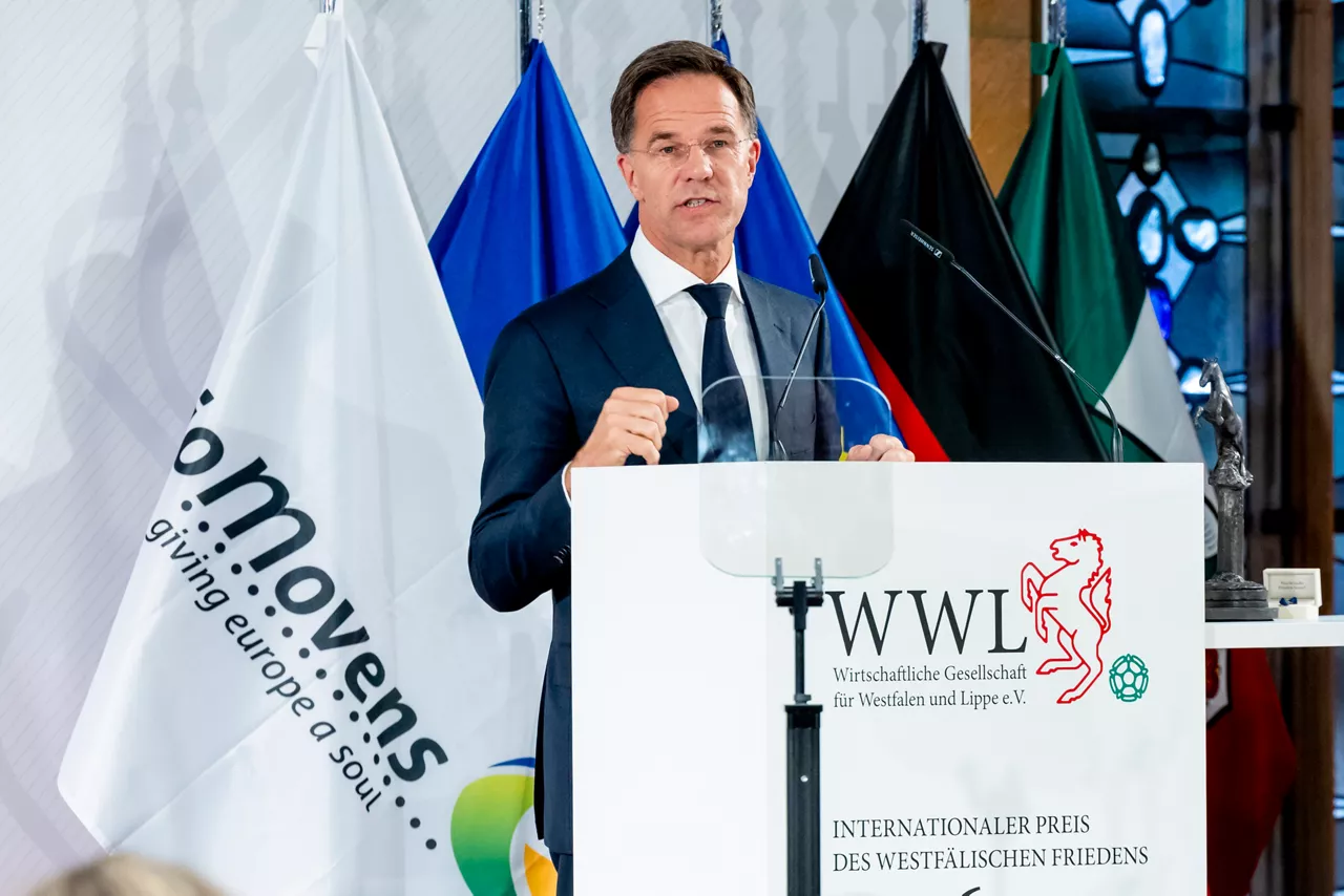 NATO Secretary General Mark Rutte gives a speech at the 2026 International Westphalian Peace Prize Award Ceremony