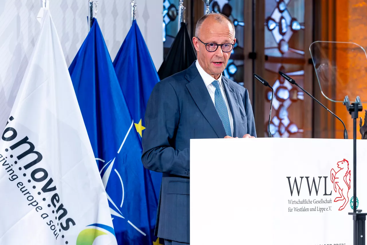 Federal Chancellor of Germany, Friedrich Merz giving a speech at the 2026 International Award Ceremony of the Peace of Westphalia