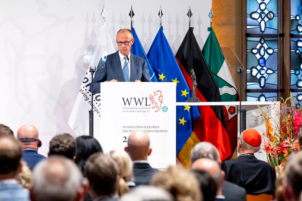 Federal Chancellor of Germany, Friedrich Merz giving a speech at the 2026 International Award Ceremony of the Peace of Westphalia