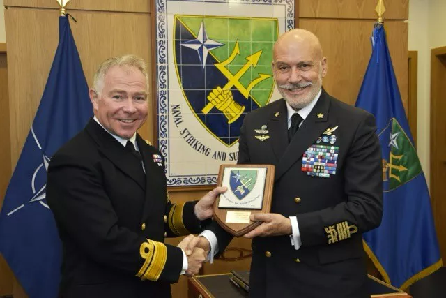 STRIKFORNATO Deputy Commander, RAdm. Craig Wood, with the Chair of the NATO Military Committee, Adm. Giuseppe Cavo Dragone, at STRIKFORNATO HQ, Oeiras, Portugal.