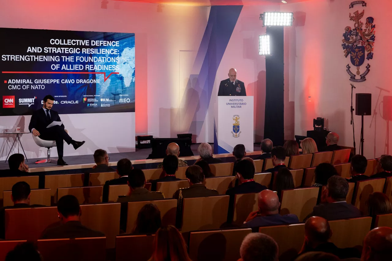 The Chair of the NATO Military Committee, Adm. Giuseppe Cavo Dragone speaks at the Strategic Transformation Lab.